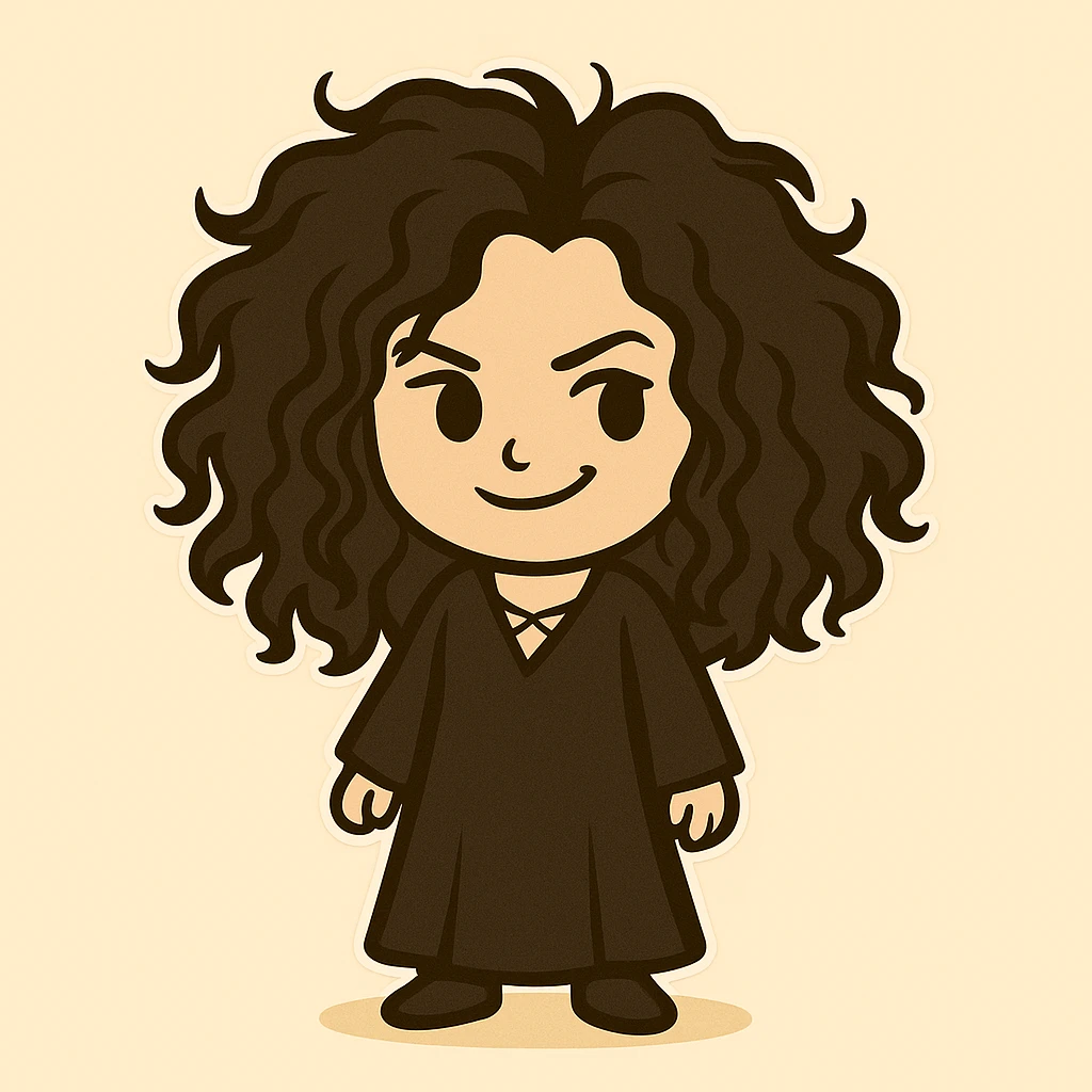 Transform the character based on Hermione into Bellatrix: black, voluminous, messy, curly hair, mischievous expression, long black dress, maintaining the chibi sticker style as in the references, with a light beige background. emoji