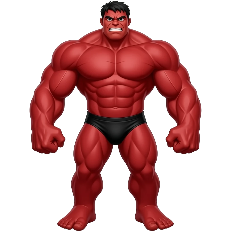 Massive very tall muscular red Hulk in black thongs full body image realistic emoji