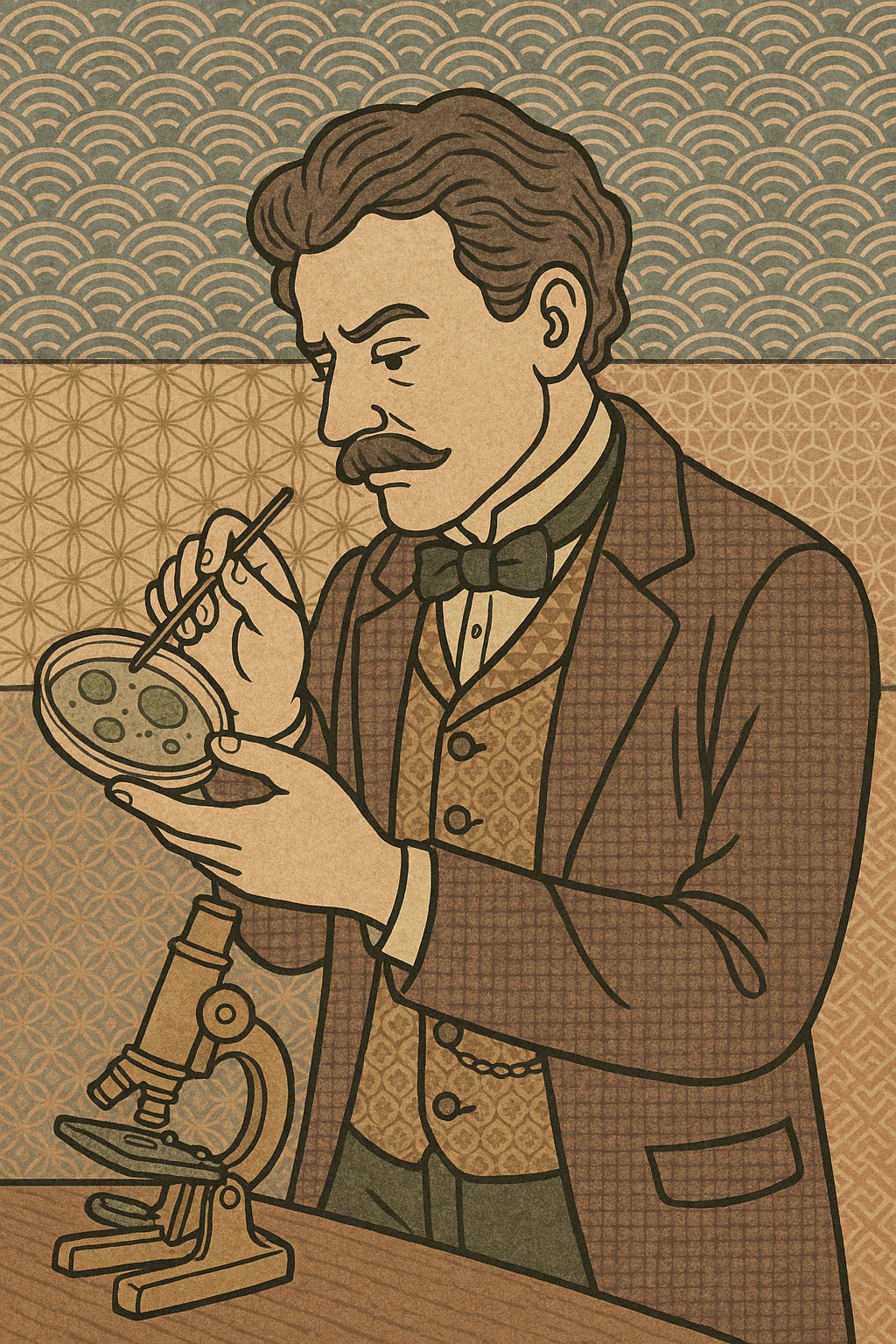 a victorian scientist carrying out an experiment with petri dish and microscope emoji