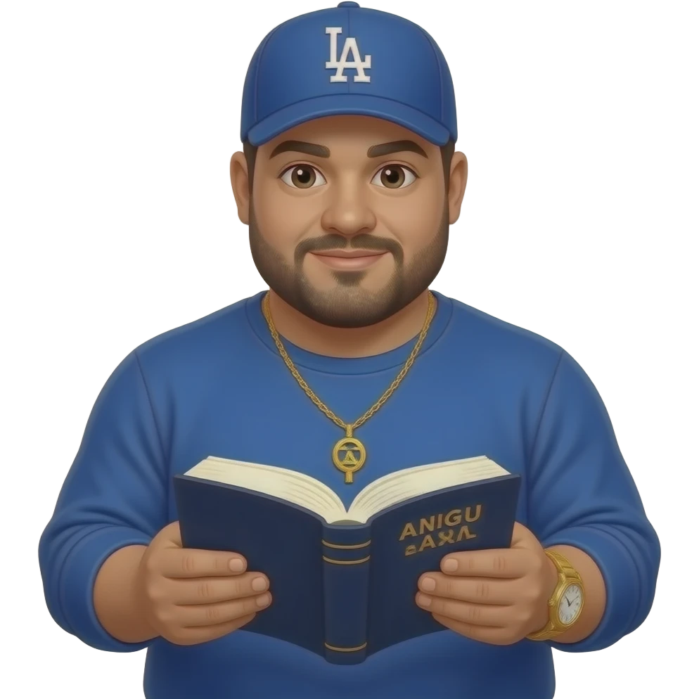 Chubby man with light sand skin tone and lightly shaved black beard wearing a blue Los Angeles Dodgers logo baseball cap wearing a long sleeve blue shirt wearing a gold tennis necklace and a gold wrist watch reading the Bible emoji