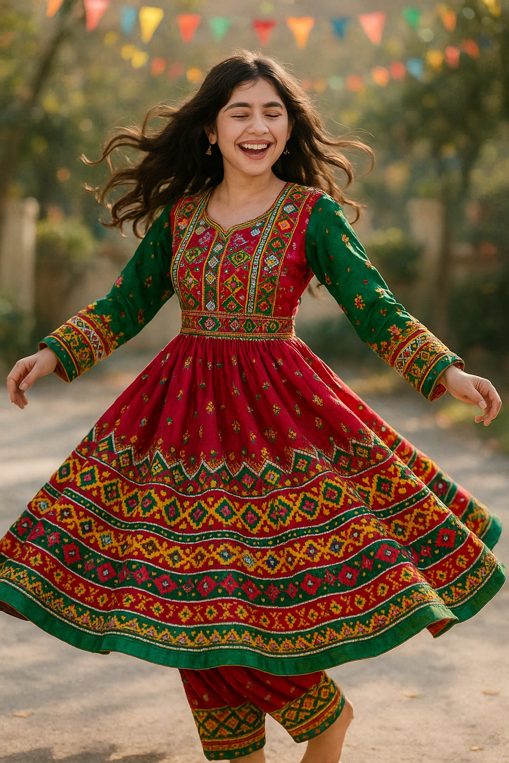 a dark brown haired girl with an Afghan dress, twirling, dress flowing, bright and festive, joyful mood emoji