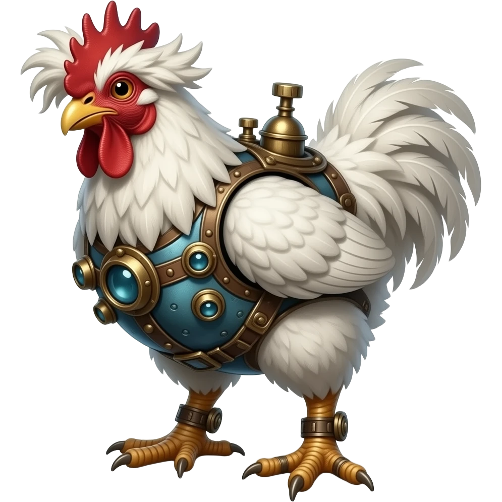steampunk - a huge white chicken instead of claws it has thick male feet like a Hobbit, the chicken's head is disheveled, painted at a 45-degree angle emoji