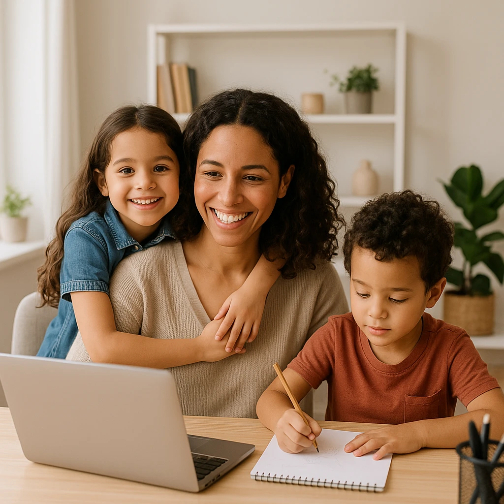 work from home mom with daughter and son, modern, friendly, relatable emoji