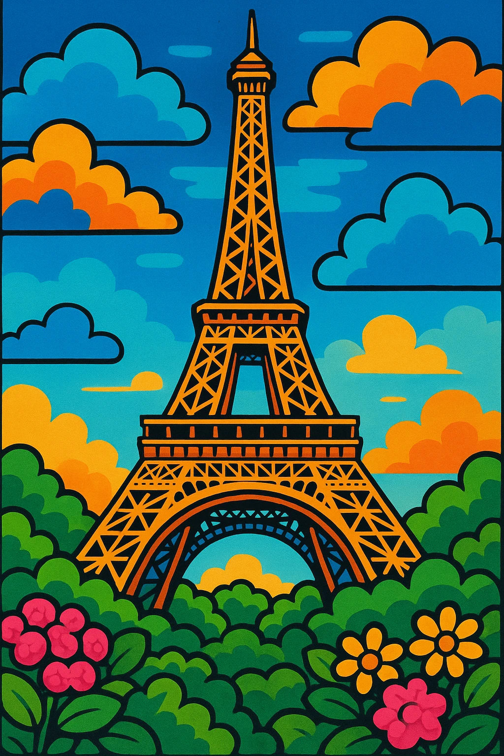 detailed and vibrant illustration of the Eiffel Tower with bushes that have pink and yellow flowers at its base emoji