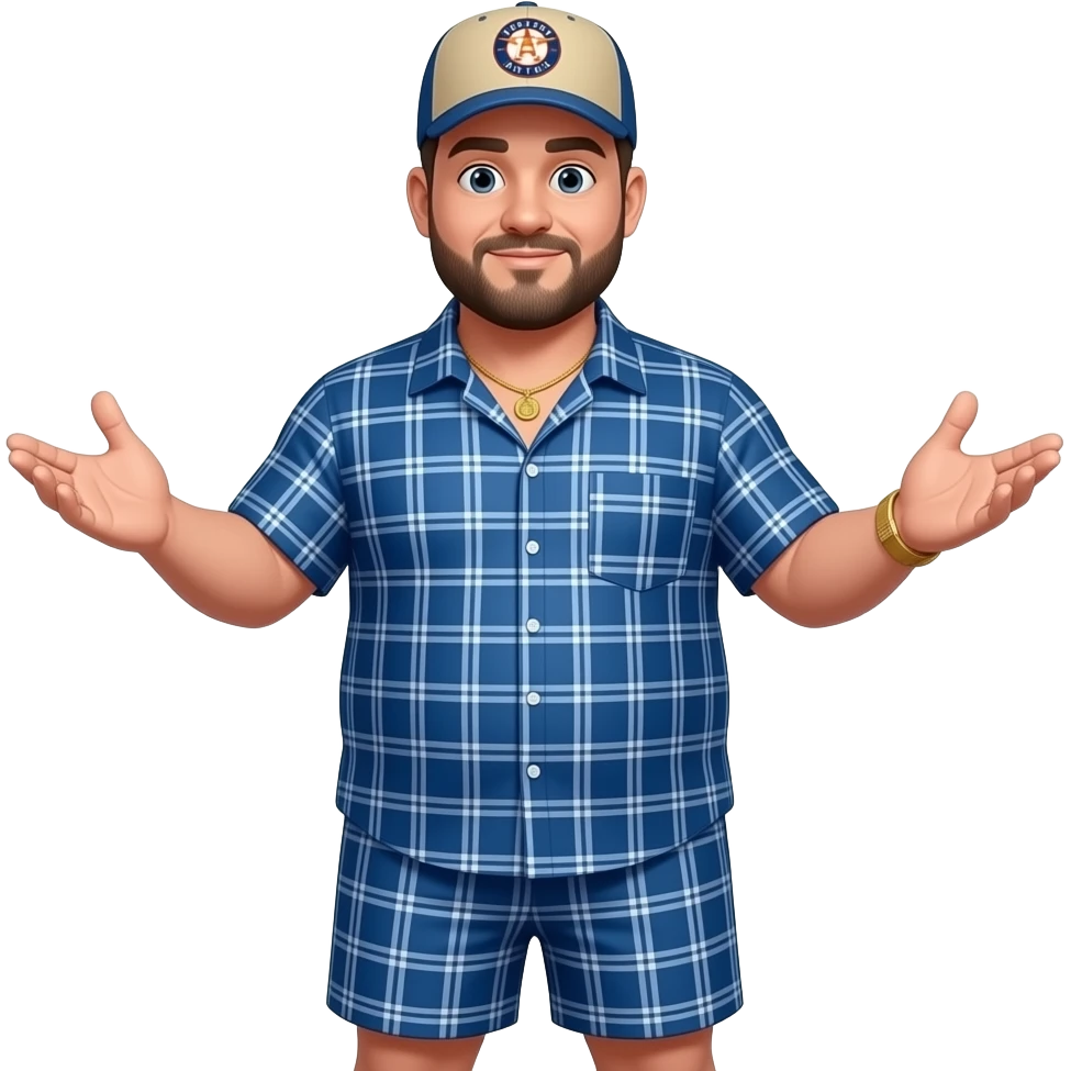 Chubby man with apricot skin tone with lightly shaved black beard wearing a blue button down short sleeve shirt with matching shorts with square pattern designs wearing an all beige color Huston Astros logo baseball cap wearing a gold tennis necklace and a gold wrist watch holding hands out emoji