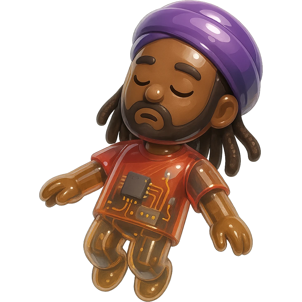 Brownskin man with long brown dreadlocks 
red t-shirt 
purple turban 
expression is sleeping emoji