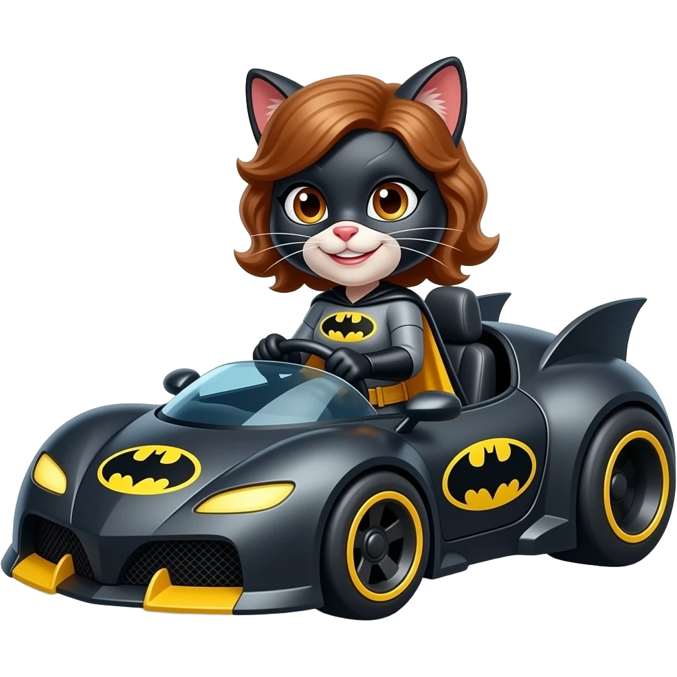 mulher gato com cabelos e olhos castanhos sorrindo dirigindo o carro batmóvel emoji