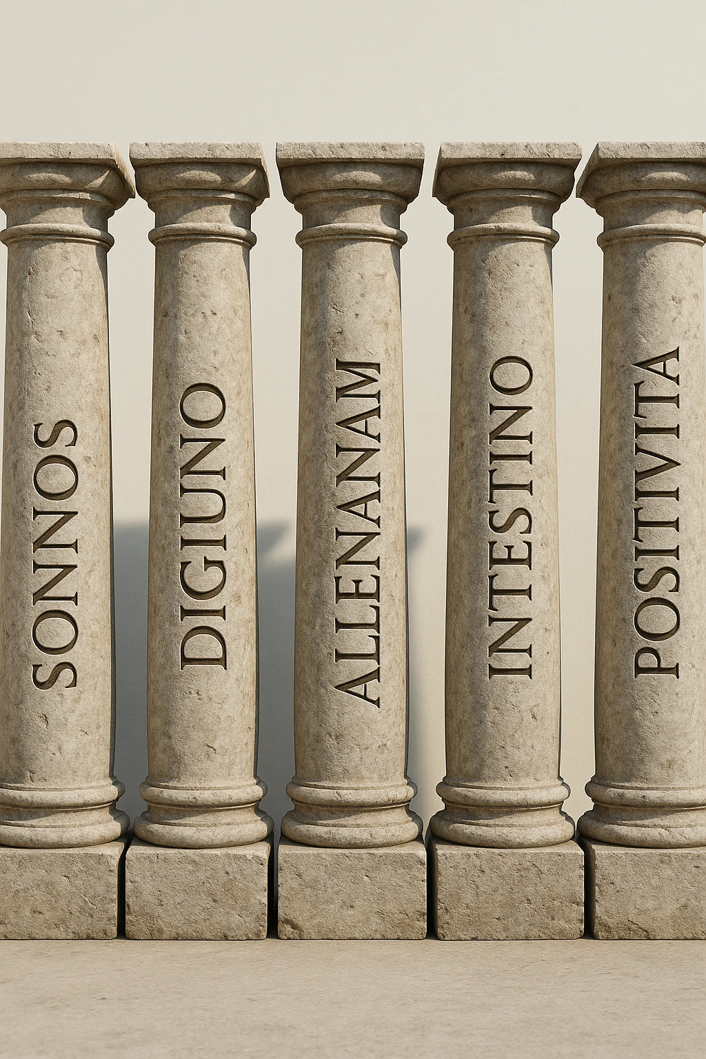 5 pilastri con le scritte "SONNO", "DIGIUNO", "ALLENAMENTO", "INTESTINO", "POSITIVITà" IMMAGINE IPERREALISTICA SFONDO CHIARO IN ITALIANO emoji