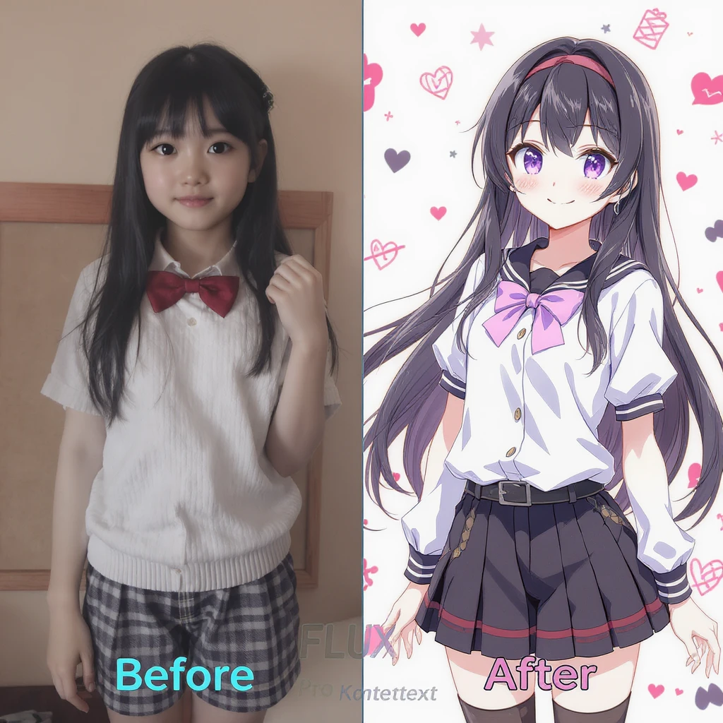 create before after image of a girl before is realsitic photo, after is anime version of her in same pose and clothes, add logo with text of a "FLUX Kontext Pro" emoji