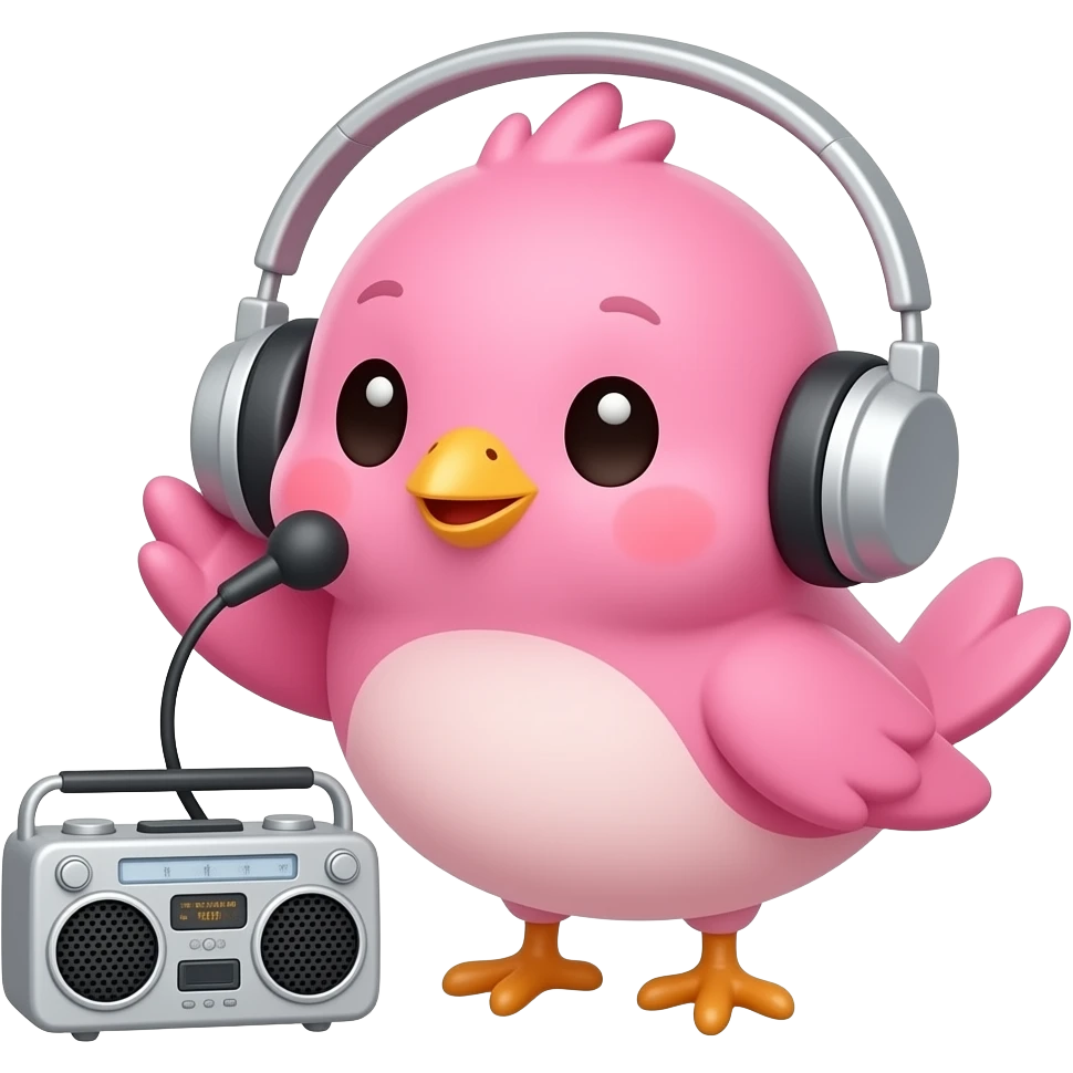 lovable small pink bird in a kawaii style listening to an fm radio. the image must be a transparent .png emoji
