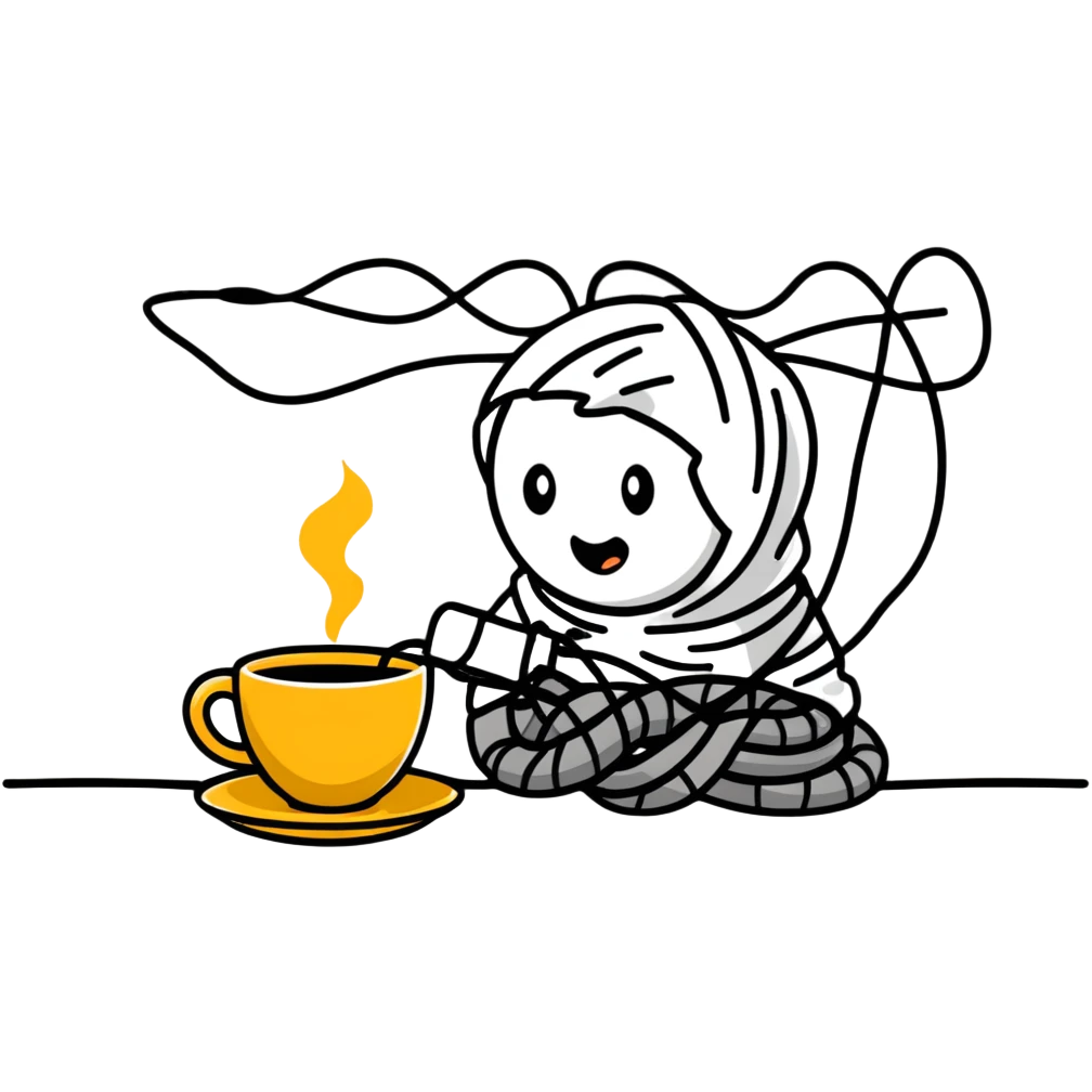 crazy coder with coffee spills and tangled wires emoji