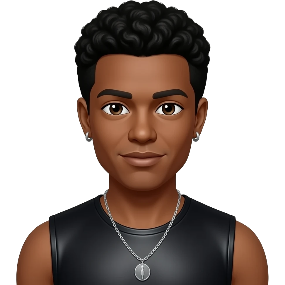Trevor Penick from O-Town with dark brown eyes, black afro hair, black metallic sleeveless shirt, necklace and earrings emoji