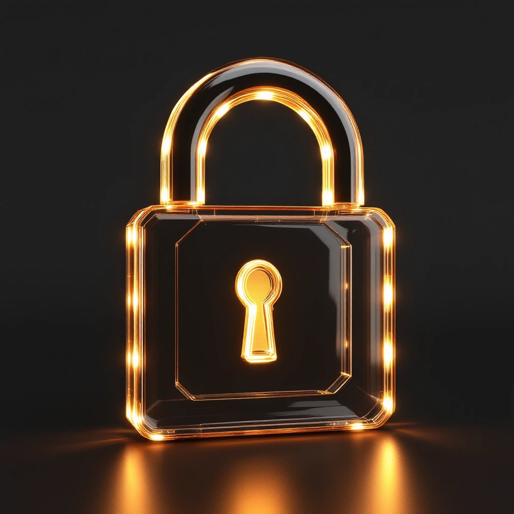 Photo of a 3d made of glass padlock, black solid background, symmetrical 3d render, rim light emoji