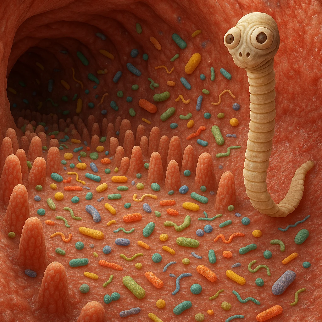 a medical illustration of a human realistic gut with bacteria and parasyte (tenia) realistic 4k real   emoji