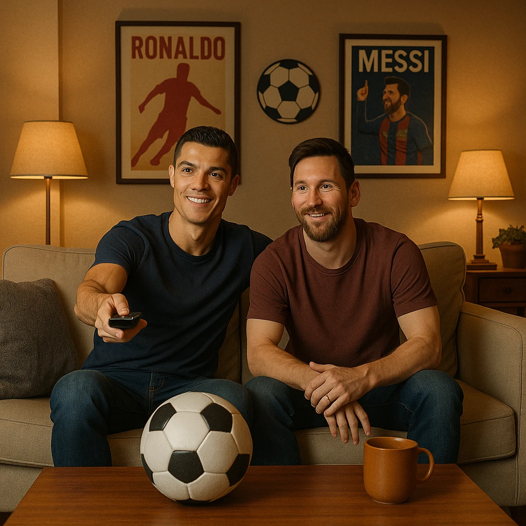 Ronaldo and Messi watching television together in a comfortable setting with football-themed details emoji