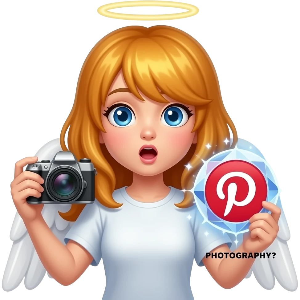 An ethereal blue eyes, glowing amber hair, angel, hand made of starlight holding a crystalline Pinterest logo on the right hand, a camera on the left hand, surprised, pointing at icon. A black text bellow: 'PHOTOGRAPHY?' on the bellow left hand. Glowing nebula colors, isolated on white, bold 3D icon emoji
