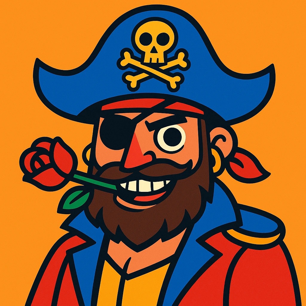 bold and colorful pirate character with left eye patch and rose between teeth emoji