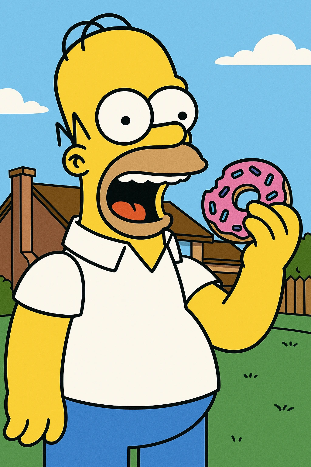 Homer Simpson classic cartoon style, yellow skin, white shirt, blue pants, bald with two hairs on top, eating a donut emoji