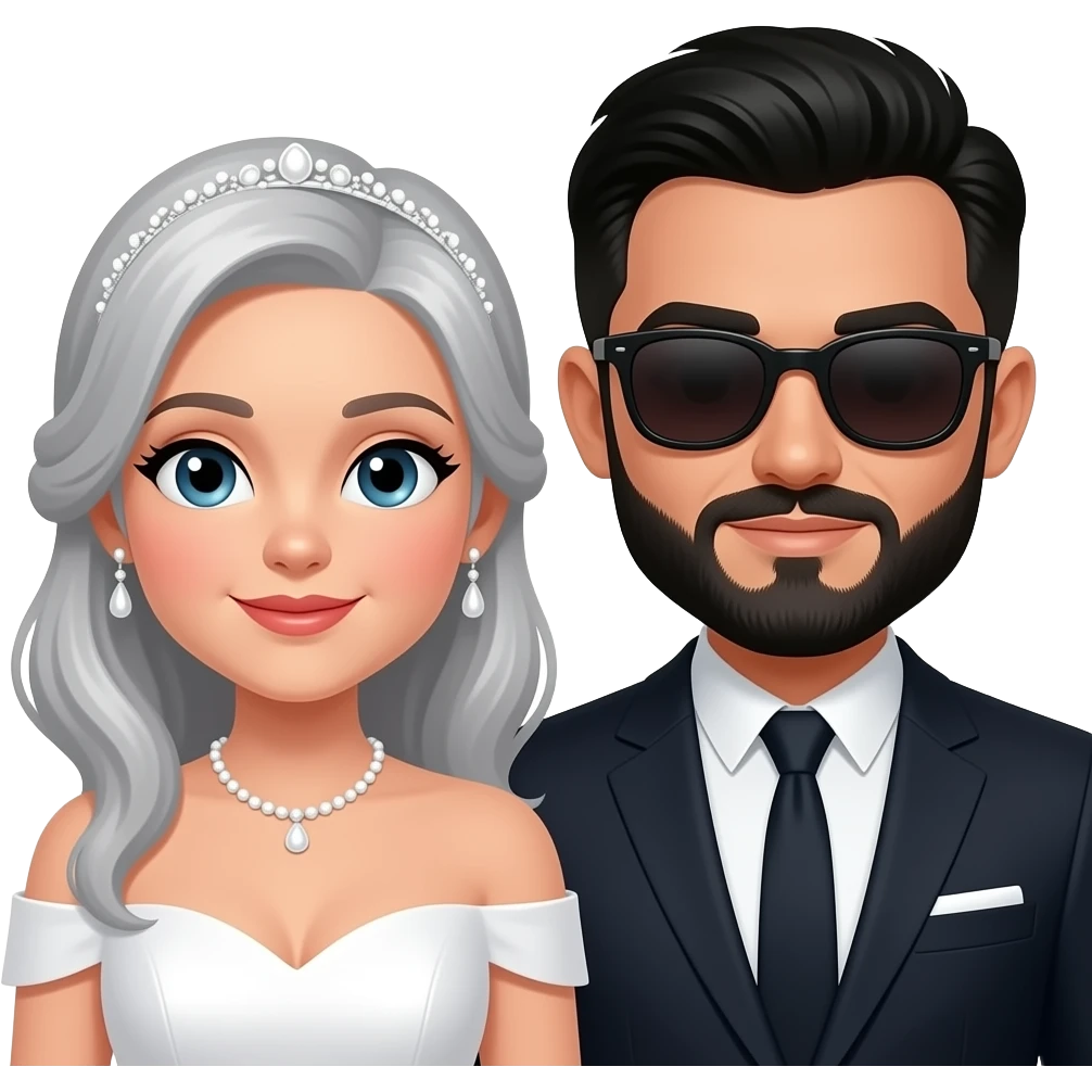 Grey haired bride and a black haired, bearded groom with sunglasses on emoji