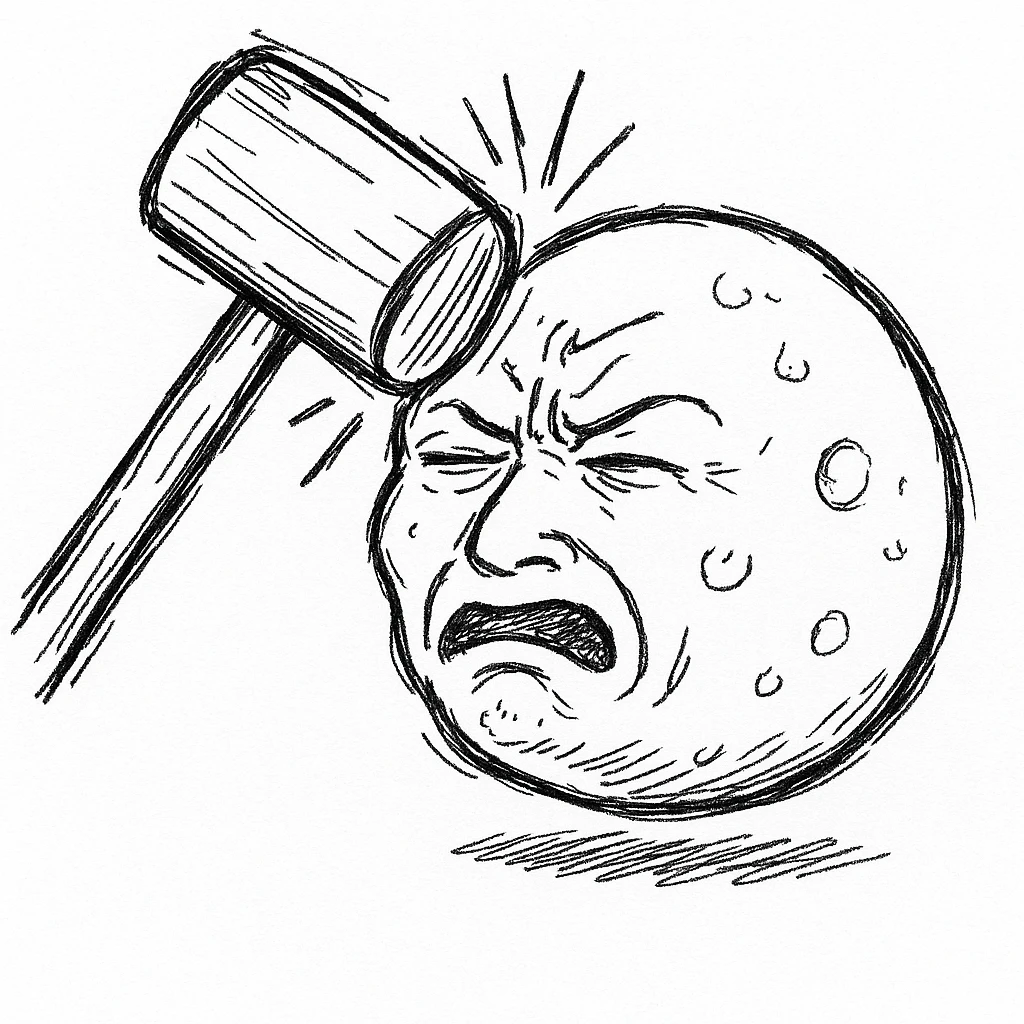 full moon with a mallet bonking it, exaggerated cartoon effect emoji