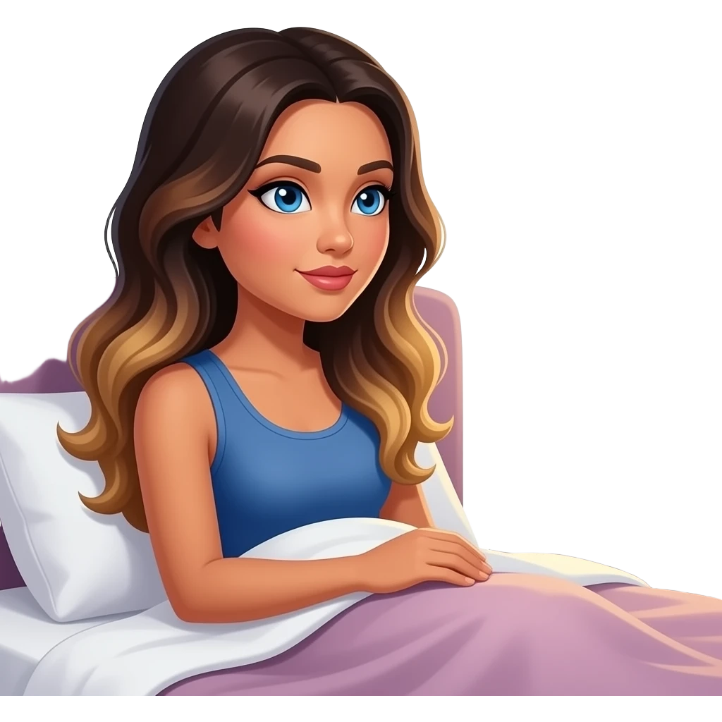 Beautiful Filipino girl beautiful eyes with long wavy hair balayage watching tv in bed side view emoji