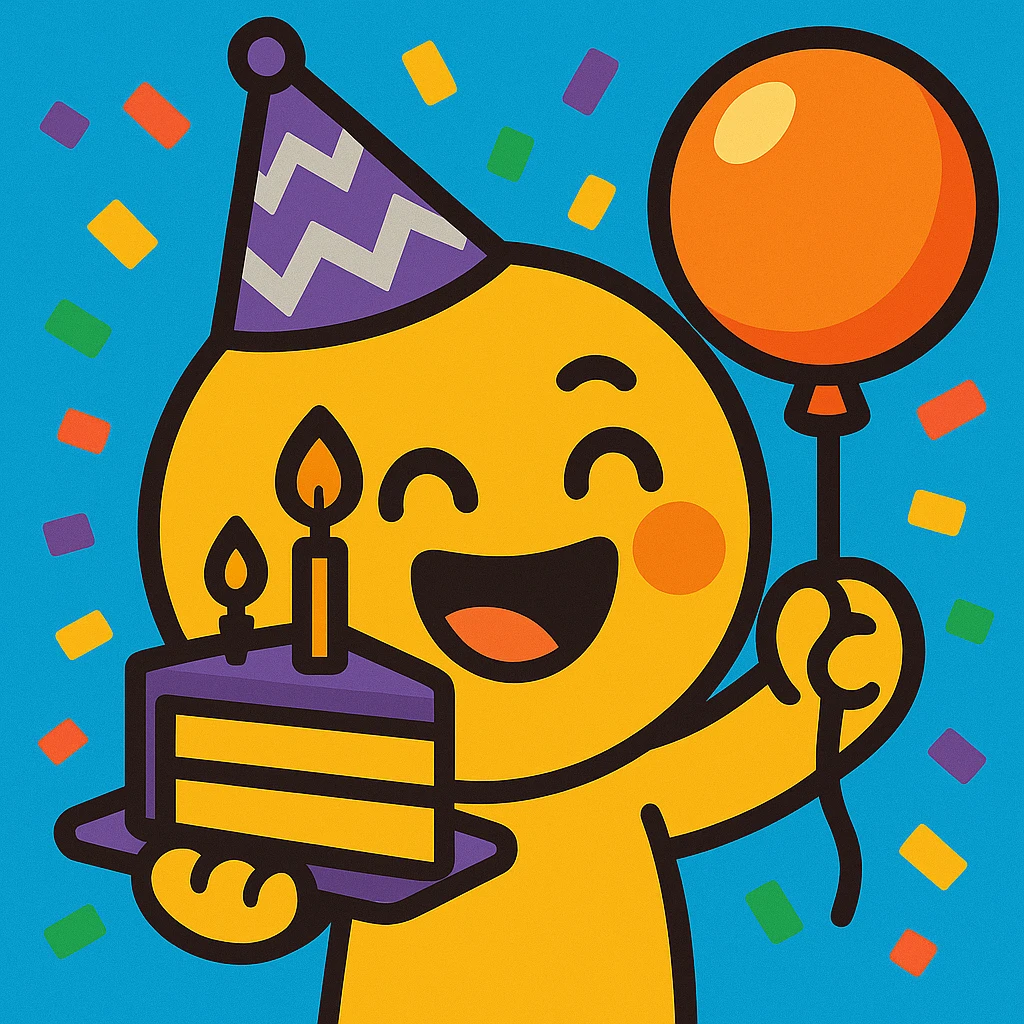 Change the party hat to purple with silver zigzags, keep the rest of the emoji the same, bright cartoon style with confetti background. emoji