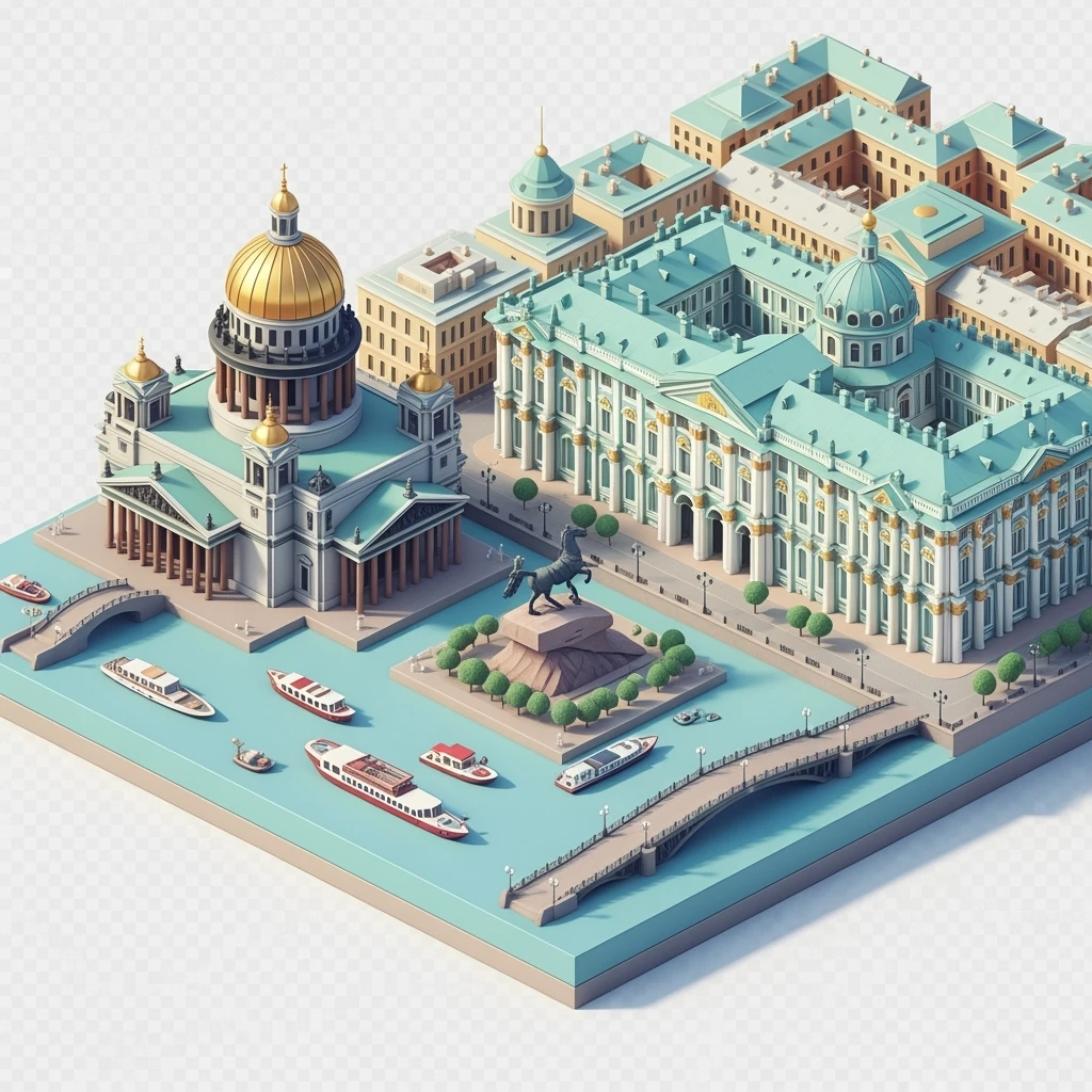 Isometric illustration of Saint Petersburg with the Saint Isaac’s Cathedral, the photorealistic Winter Palace, and the Bronze Horseman statue, toy boats and bridges, in pastel miniature diorama style, transparent background emoji