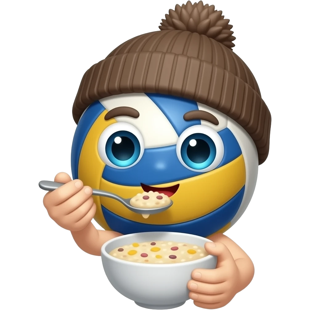volleyball wearing a beanie eating from a bowl of porridge. just this. do not add anything else, i want the volleyball to have a face emoji
