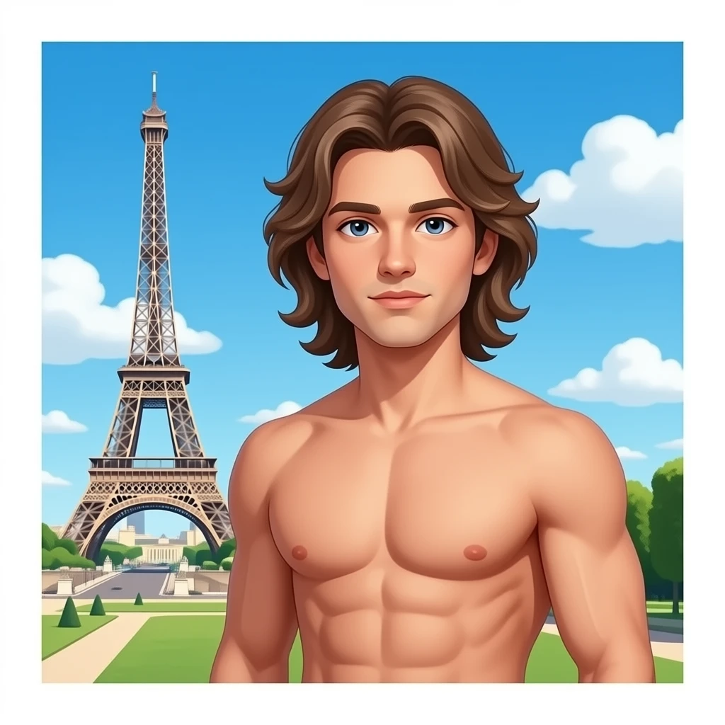 muscular shirtless twink with very long hair  Eiffel Tower emoji