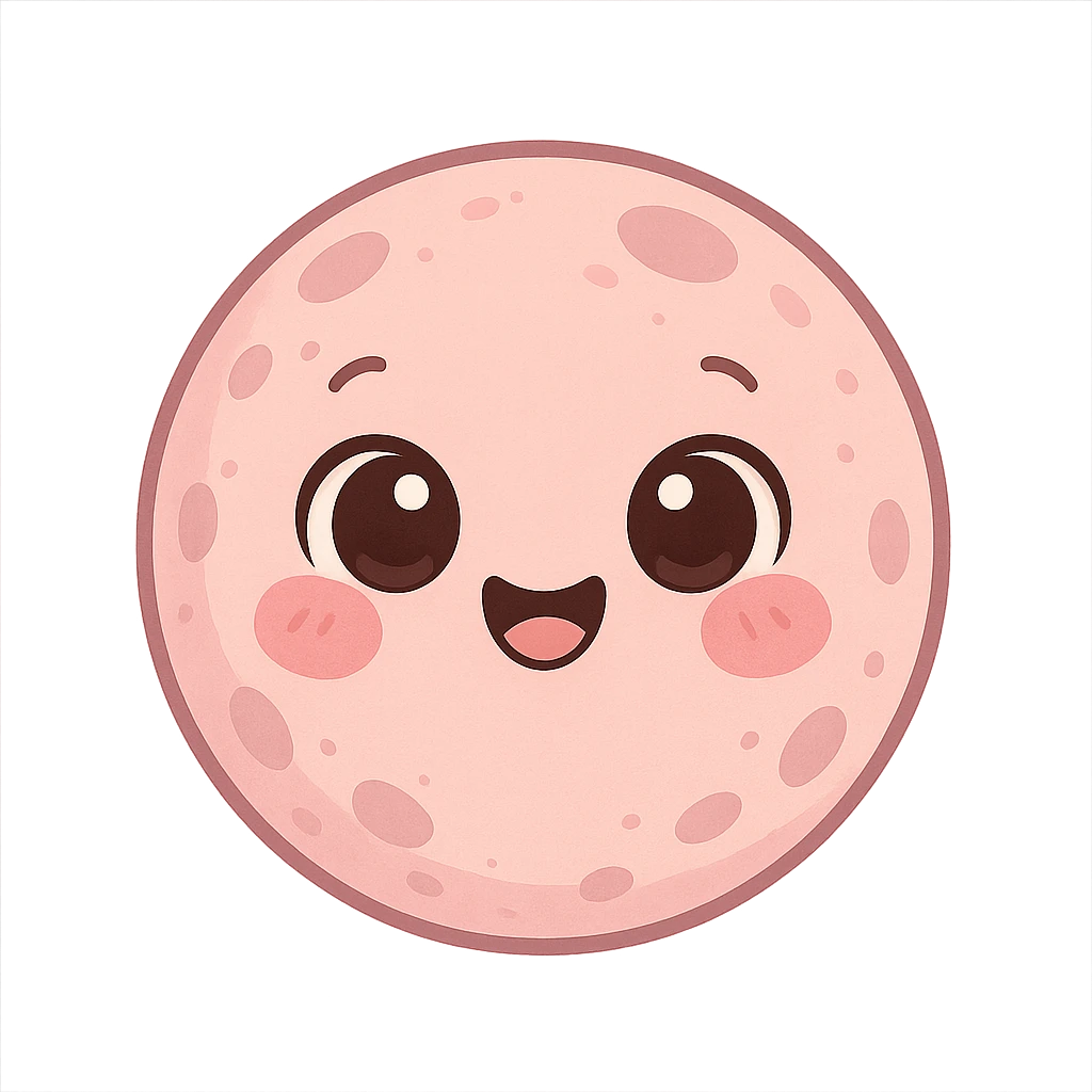 a cute pink moon, original design, big eyes, blushing cheeks, joyful emoji
