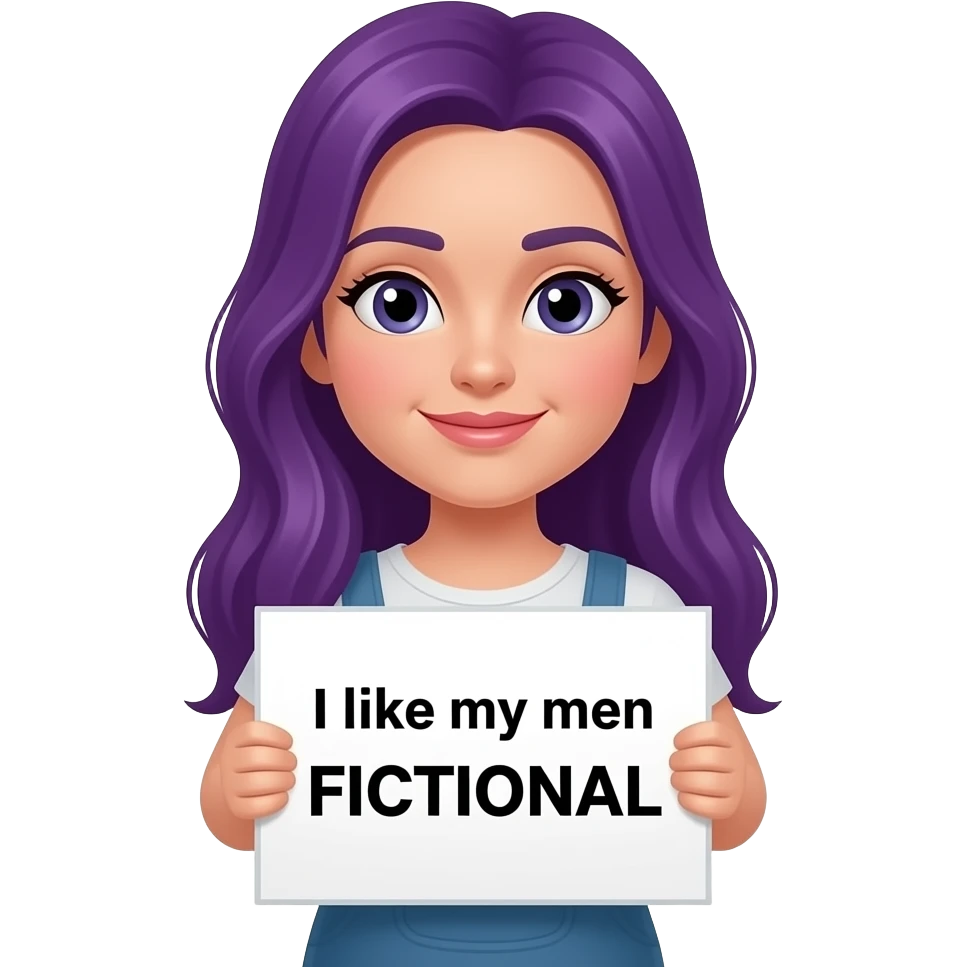 girl with long purple hair holding a I like my men FICTIONAL sign emoji
