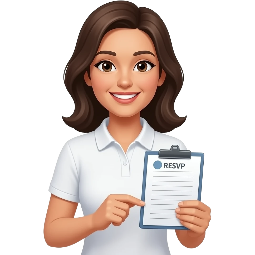 female community Manager, white halfsleeve polo shirt, smiling and holding RSVP list emoji