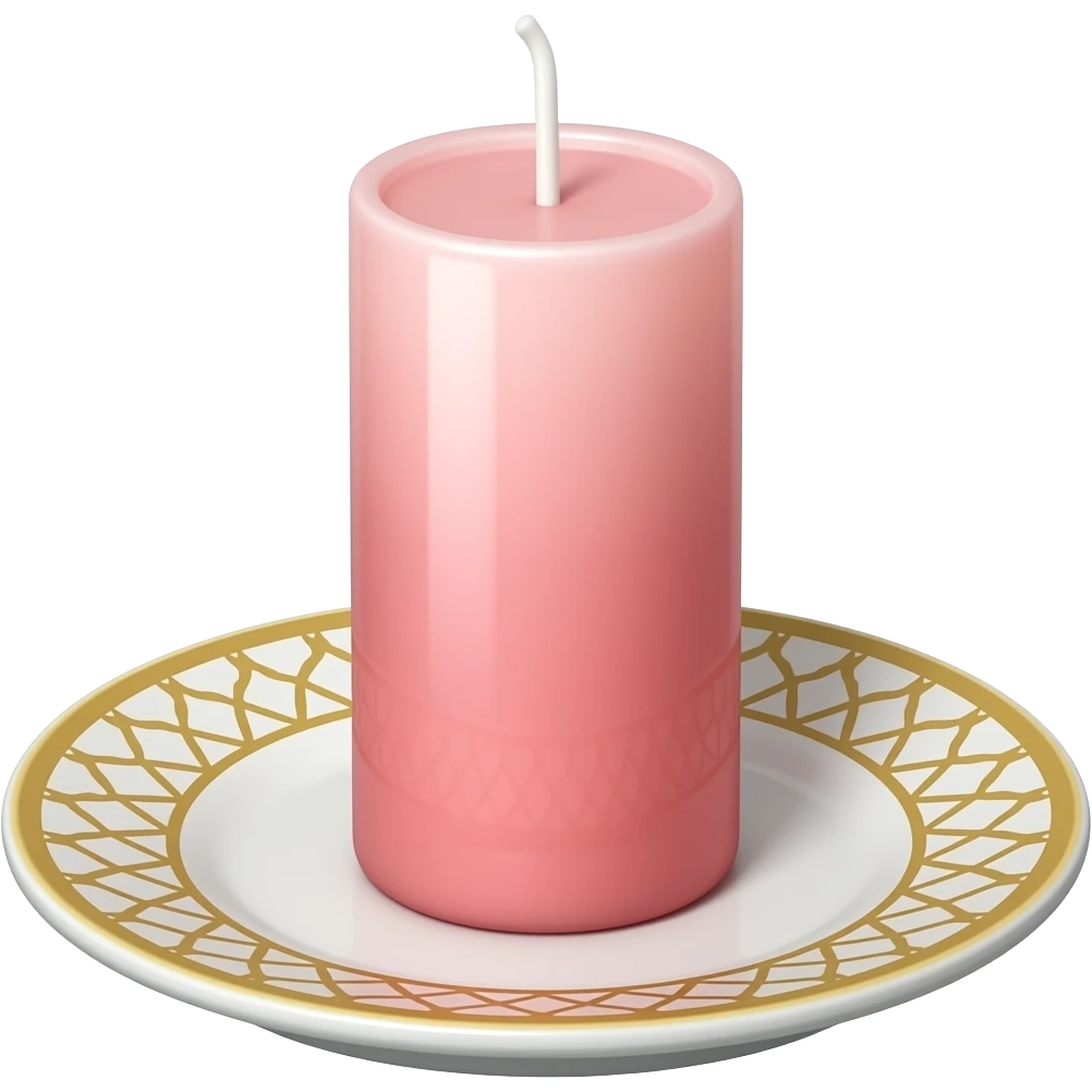 Thin tall neat petite cute slim dainty narrow Pastel Reddish-pinkish vintage candle on a tiny narrow gold and white plate emoji