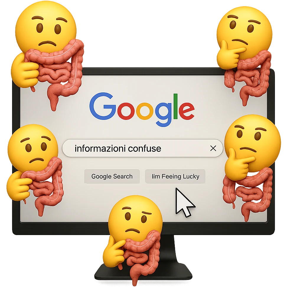 SCHERMO DI PC CON LA SCRITTA "informazioni confuse" SULLA BARRA DI RICERCA GOOGLE SULLO SCHERMO E IL CLICK DEL MOUSE SULLA SCRITTA CERCA, stile emoji iphone fluttuano in aria stringendo in mano un pezzo di colon intestinale, iperrealistico 4k emoji