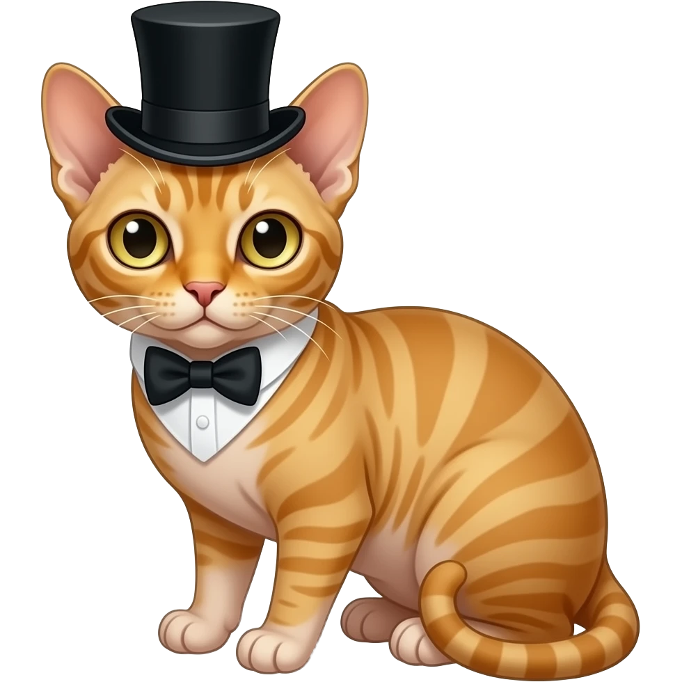 a golden cornish rex cat wearing a top hat emoji