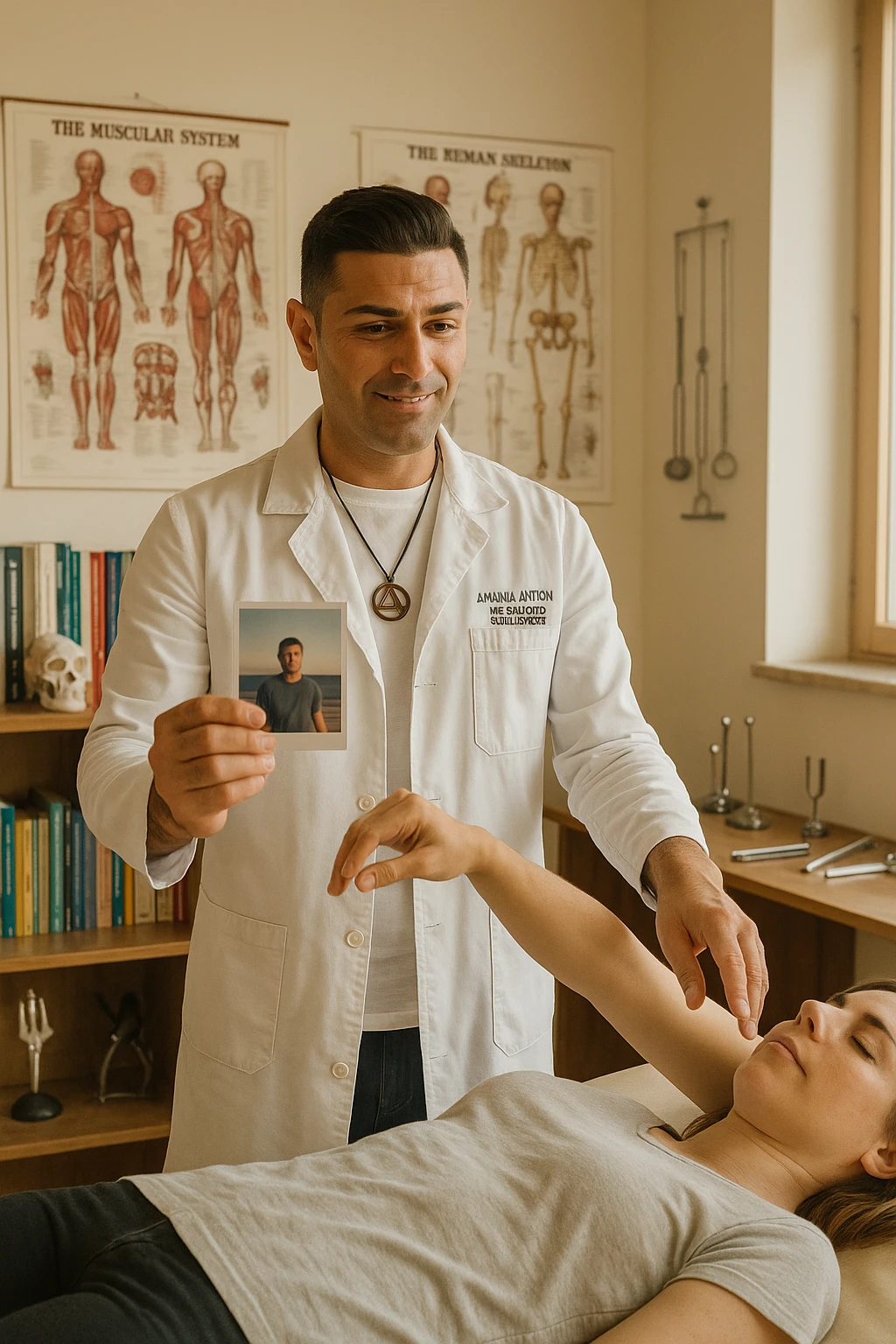 a middle-aged man, dressed in casual professional attire, is in a bright, organized therapy studio. Durante una visita di kinesiologia, il testimone tiene con una mano la foto di una persona lontana (il “testimone”) tiene la foto in mano, mentre con l’altra mano esegue un test muscolare su un cliente presente. Sullo sfondo si vedono libri di kinesiologia, poster anatomici e strumenti tipici della disciplina. L’atmosfera è concentrata e serena, con luce naturale che entra dalla finestra, sottolineando l’aspetto alternativo e umano della pratica. emoji