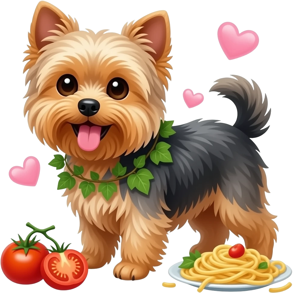 Yorkie dog smiling tongue out sitting among a lot of ivy, tomatos,  chicken and pasta and floating hearts emoji