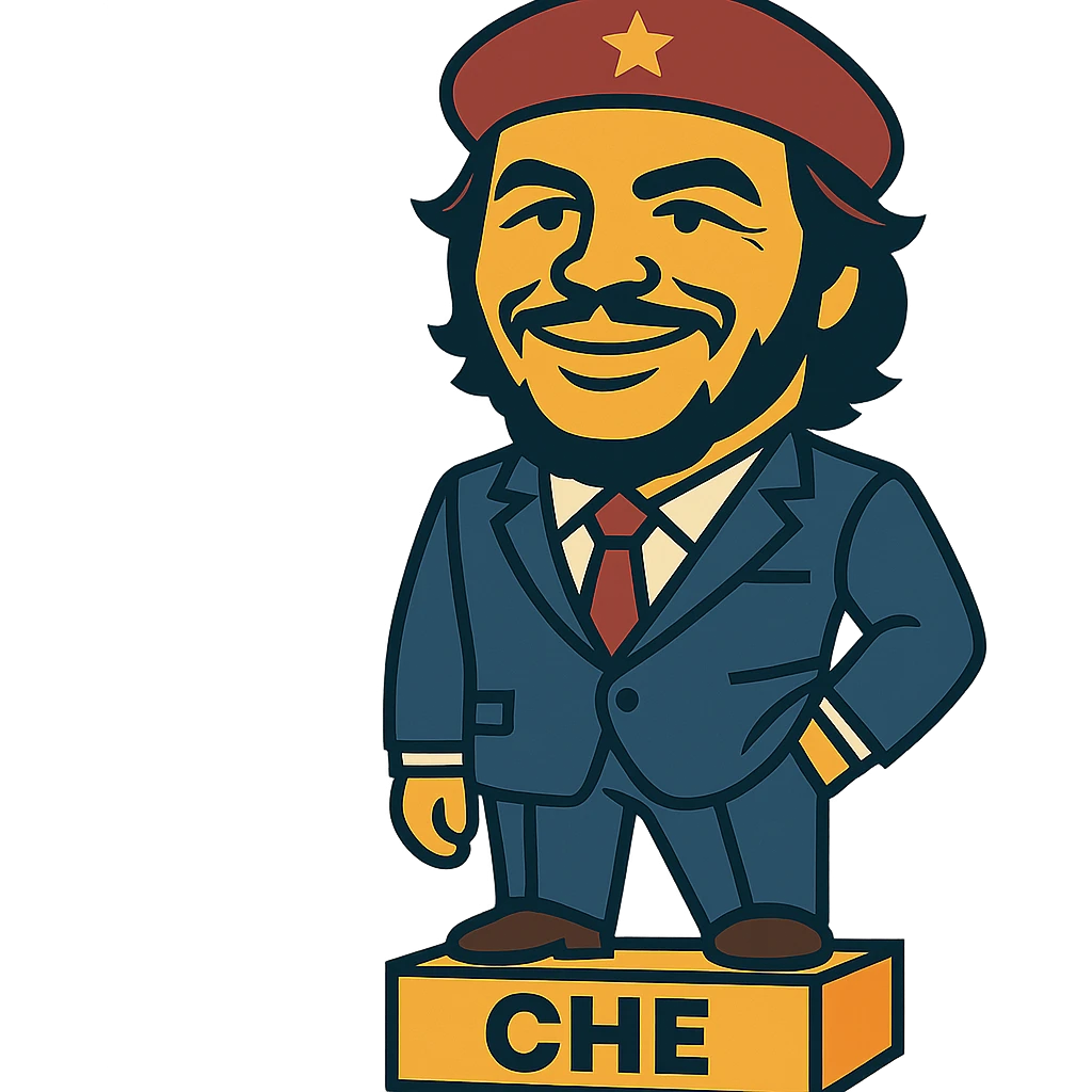 statuette of Che Guevara in a suit and tie, big head, confident smile emoji