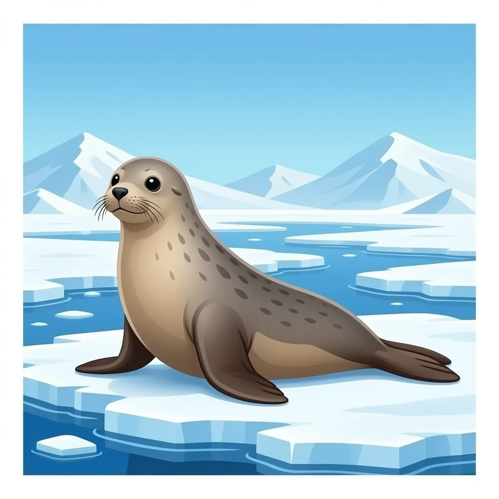 a Picture of a seal background is the antartica with snow and ice and water emoji