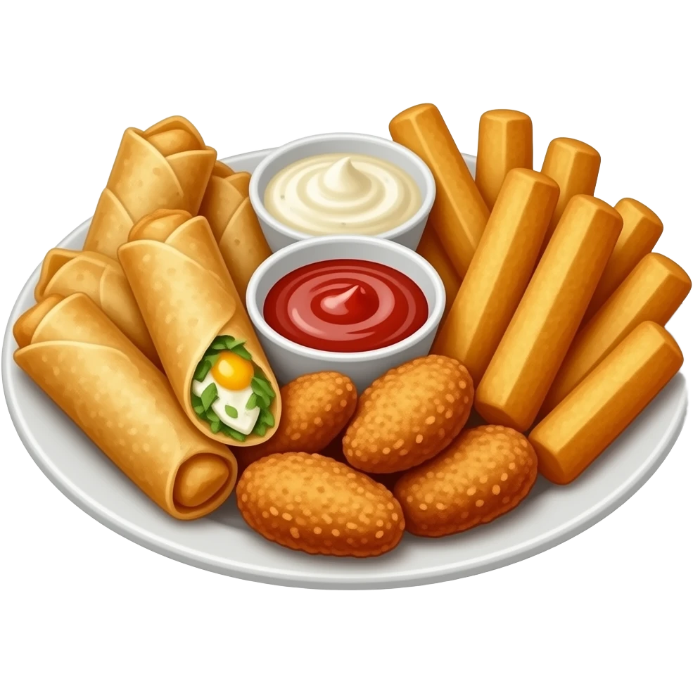 Egg rolls, chicken tenders and mozzarella sticks on a plate with ranch bbq and ketchup emoji