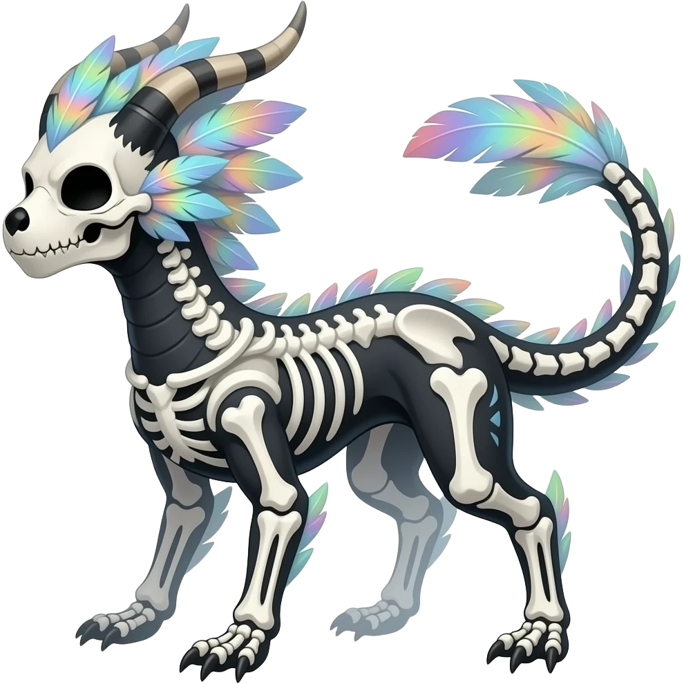 Rare realistic skeletal tribal patterned whitish pastel colorful iridescent shiny glossy feathery epic handsome gorgeous aesthetic black-skulled Vernid-Trico-Sergal-Salandit-Nargacuga-species-Fakemon-creature by LiLaiRa, 4 legs, 1 tail, random markings, (full body) long ears emoji