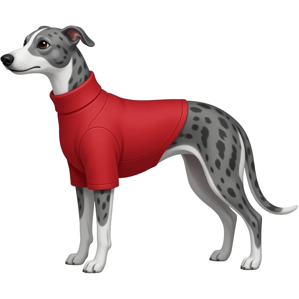 Whippet dog grey with black brindle stripes wearing a red turtleneck shirt emoji