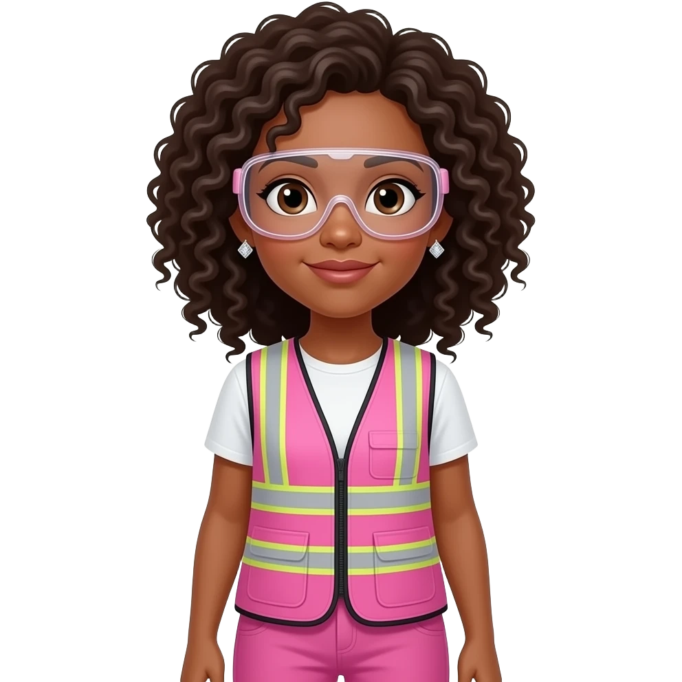 light skin women with brown eyes with curly hair wearing diamond earrings wearing pink and clear safety glasses wearing a pink construction vest wearing pink pants emoji