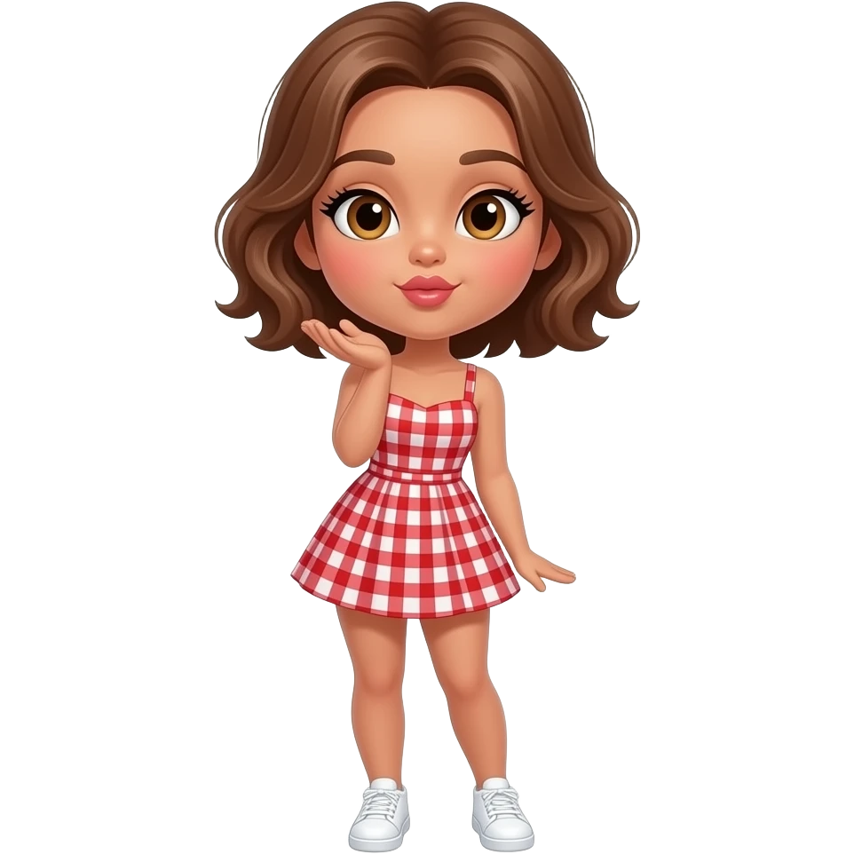 glamours,-tanned,-very-beautiful-girl,-with-big-pump-peach-beige-rose-lips,-long-long-lashes,-honey-silky-very short- hair,-wavy-hair,-hazel-eyes- wearing- red-gingham-frill - dress- white-sneakers-winking-and-blowing-a-kiss-from-hand-full-body emoji