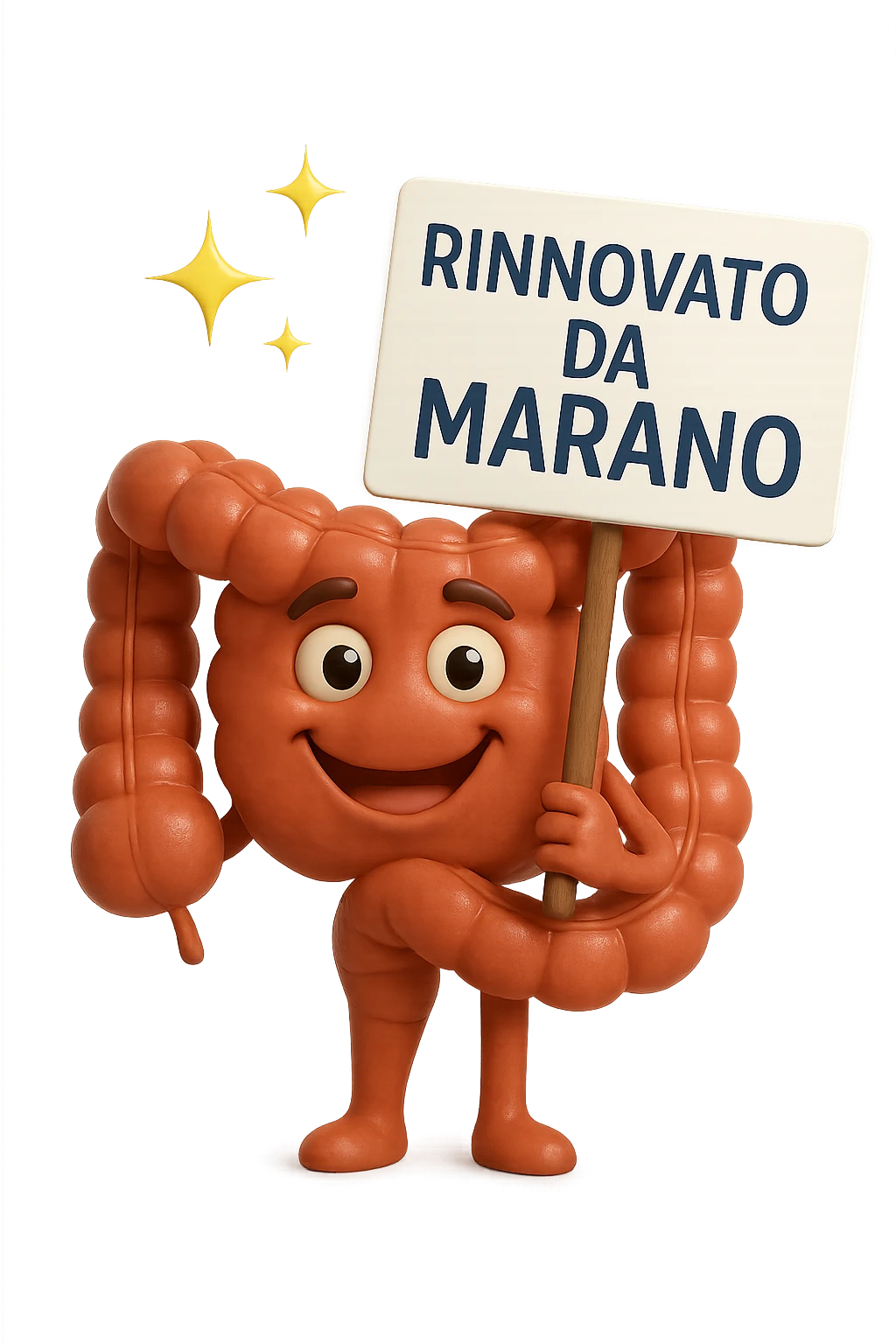fammi un intestino identico a questo, ma felice e con le scintille di splendore dorate sopra, si sta rinnovando come se fosse in ottima salute, in mano ha un cartello con la scritta "RINNOVATO DA MARANO" emoji