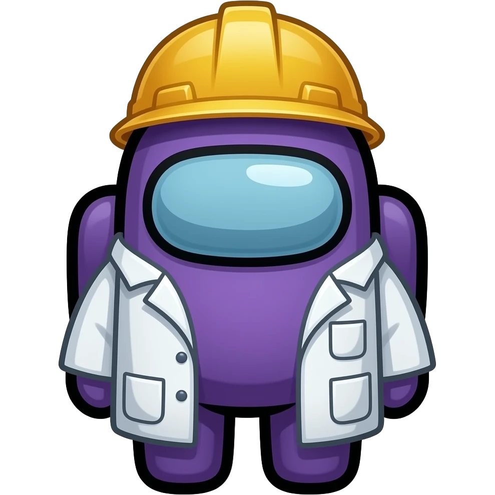 A purple among us character wearing the "scientific theory" lab coat and the "safety second" head accessory an for the visor it's the "end of broadcast" visor emoji