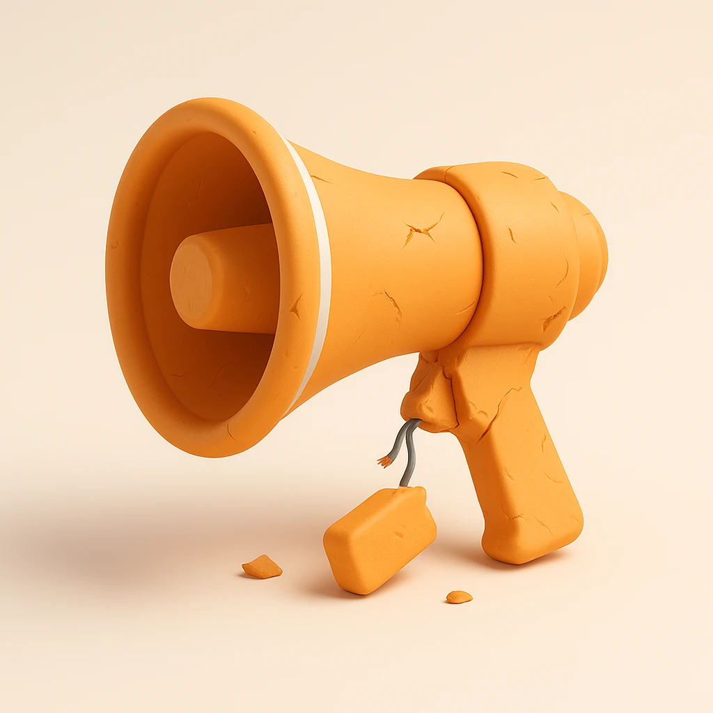 Make the megaphone with a snapped handle and no sound look even more damaged by adding dents, missing pieces, exposed wires, and more cracks in 3D orange style. emoji