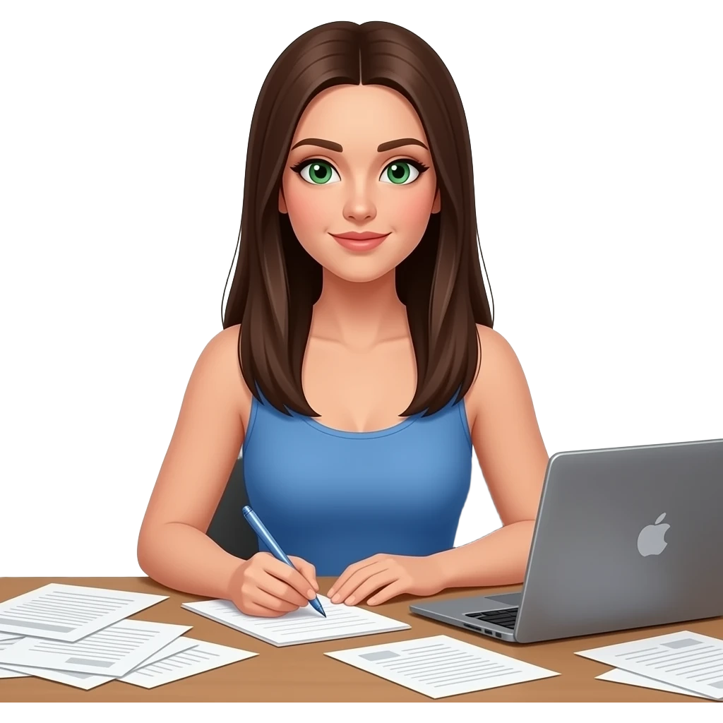 a brunette looking down at the paper with long straight hair green eyes writing down notes with a lot of pieces of paper around her scattered everywhere on the table (in a very disorganized way and a laptop in front of her and shes very focused) and she has a blue skims top with lots of paper emoji