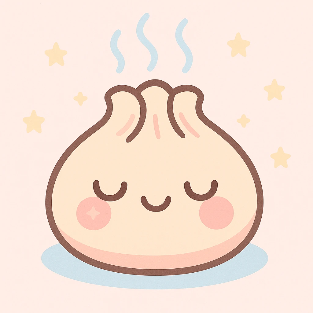 kawaii dumpling with closed eyes, happy expression, steam rising emoji