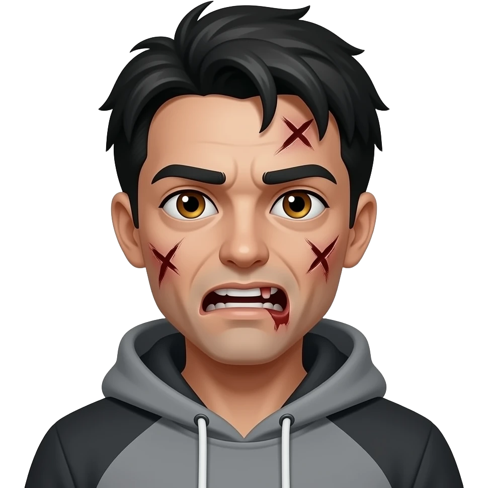 zombie with injuries on face like a slash wound on the forehead short-ish black hair with hazel brown eyes with black thick eyebrows wearing a grey and black hoodie emoji
